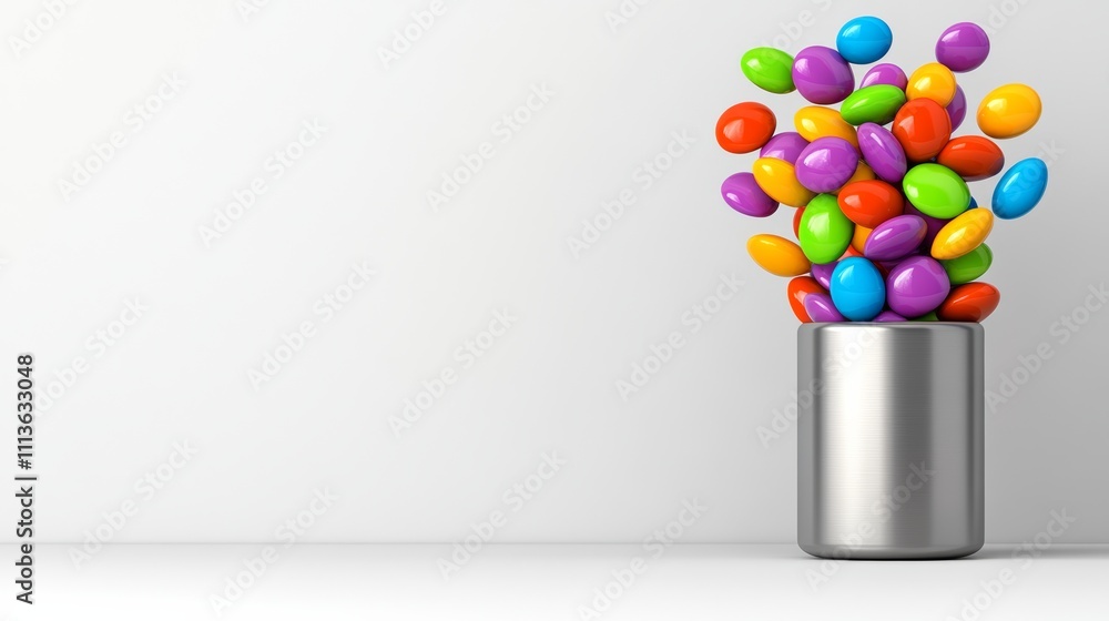 Poster silver container filled with colorful candy. the candy is in various shapes and sizes, and the conta