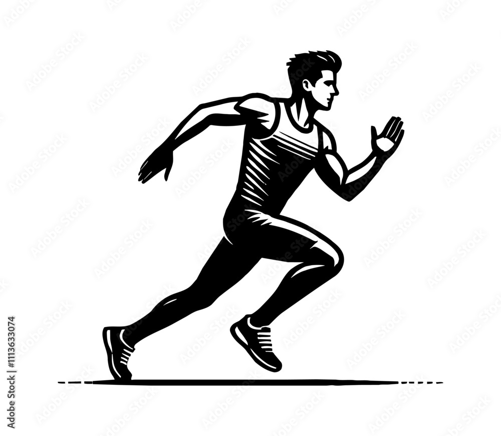 Wall mural man running engraving black and white outline