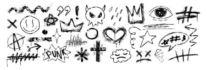 Hand drawn doodle brush and chalk strokes, scribbles, underlines, arrows, wavy lines, dots, stars, crown, evil and smiles. Set of black grunge marks, emoticons, crayon speech bubble in graffiti style
