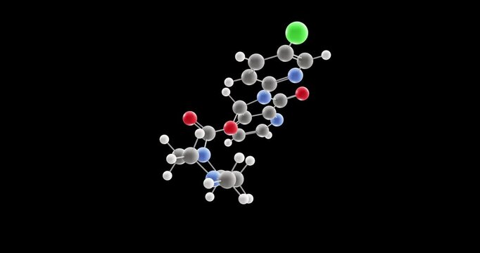 Zopiclone molecule, rotating 3D model of cyclopyrrolone, looped video on a black background