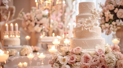 A luxurious wedding cake surrounded by delicate floral arrangements and candles