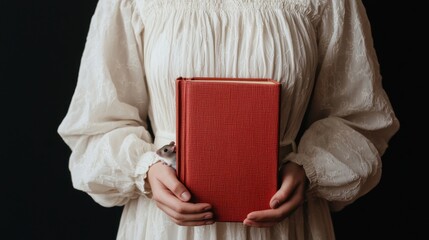 Obraz premium Woman in White Dress Holding a Vintage Red Book with a Mouse Peeking Out in a Dark Background