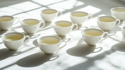 A serene arrangement of white teacups filled with light-colored liquid, casting gentle shadows on a soft surface, illuminated by natural light.