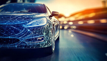 Close-up of car illustration with digital connections, symbolizing intelligence and technology, a blurred background.