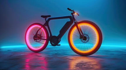 A futuristic bicycle with glowing wheels in a vibrant, illuminated setting.