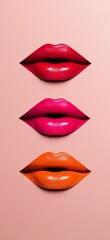 Obraz premium Three lips with different colors, one red, one orange and one pink. The lips are open, showing the color of the lipstick