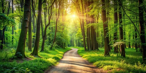Obraz premium Sunlit pathway winding through vibrant green forest, nature, sunlight, pathway, walking, trail, trees, foliage, greenery