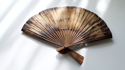 A decorative, traditional fan featuring intricate designs and a natural color palette, lying flat on a surface with soft light illuminating its details.