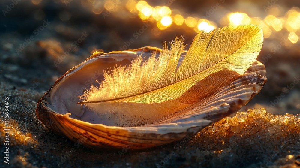 Aufkleber a delicate feather rests inside an open seashell, illuminated by warm light and surrounded by a shim