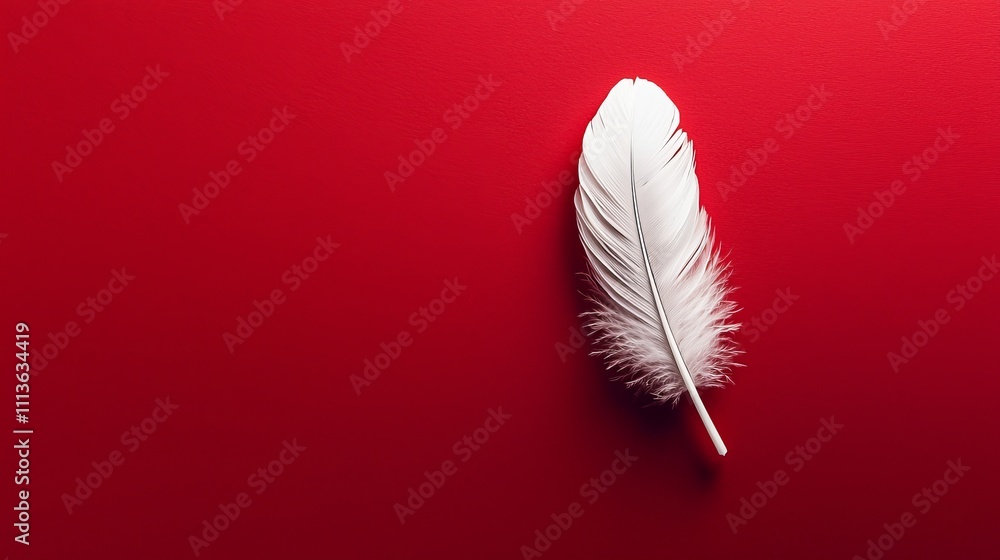 Poster a delicate white feather rests on a vibrant red background, creating a striking contrast and evoking
