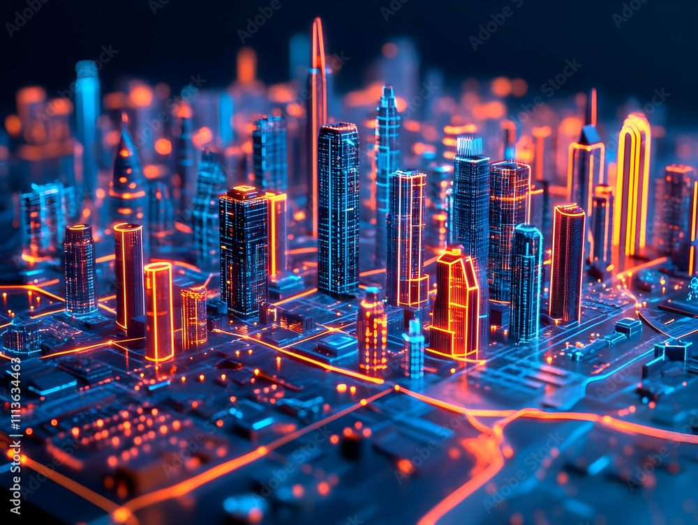 Aufkleber a futuristic cityscape illuminated with neon lights, showcasing modern architecture and technology.