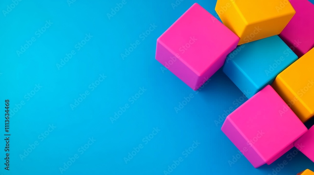 Poster blue background with a row of colorful blocks. the blocks are arranged in a way that they form a tri