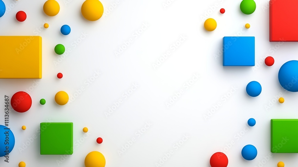 Poster colorful background with many different colored balls and squares. the background is white and the b