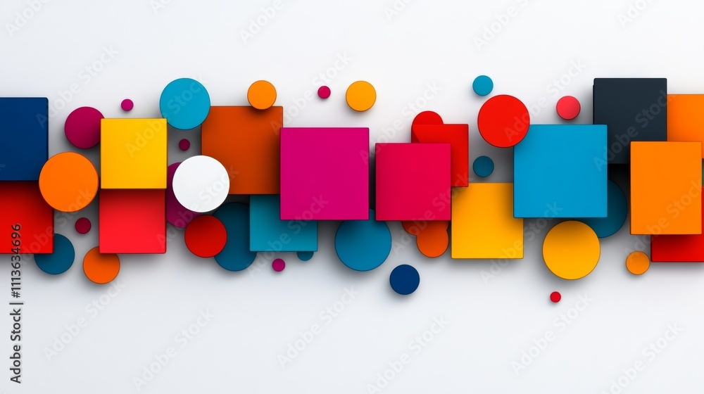 Poster colorful image of squares and circles. the squares are in different colors and the circles are also 