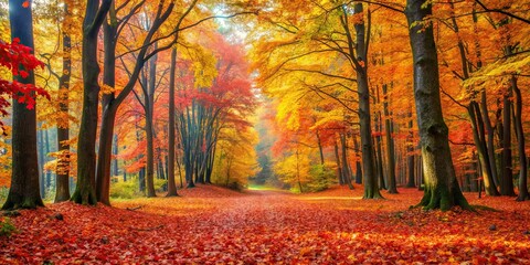 Fototapeta premium A beautiful autumn forest with vibrant foliage colors and fallen leaves, autumn, forest, foliage, colors, leaves