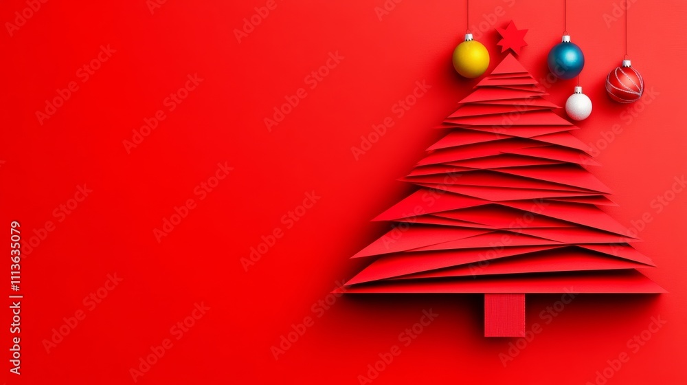 Poster red paper tree with a star on top and a bunch of balls hanging from it. the tree is surrounded by a 