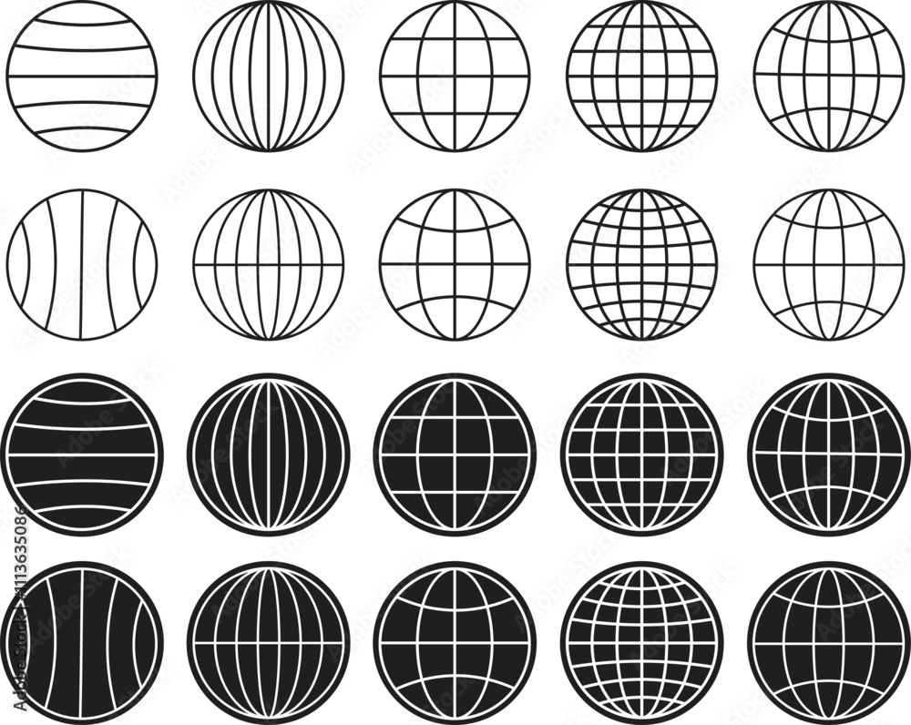 Wall mural world globe icons set. earth globe sign. world globe grids in circle form. linear striped spheres, e