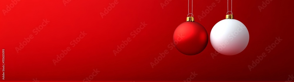 Poster red and white christmas ornament hanging from a red background. the red and white balls are suspende