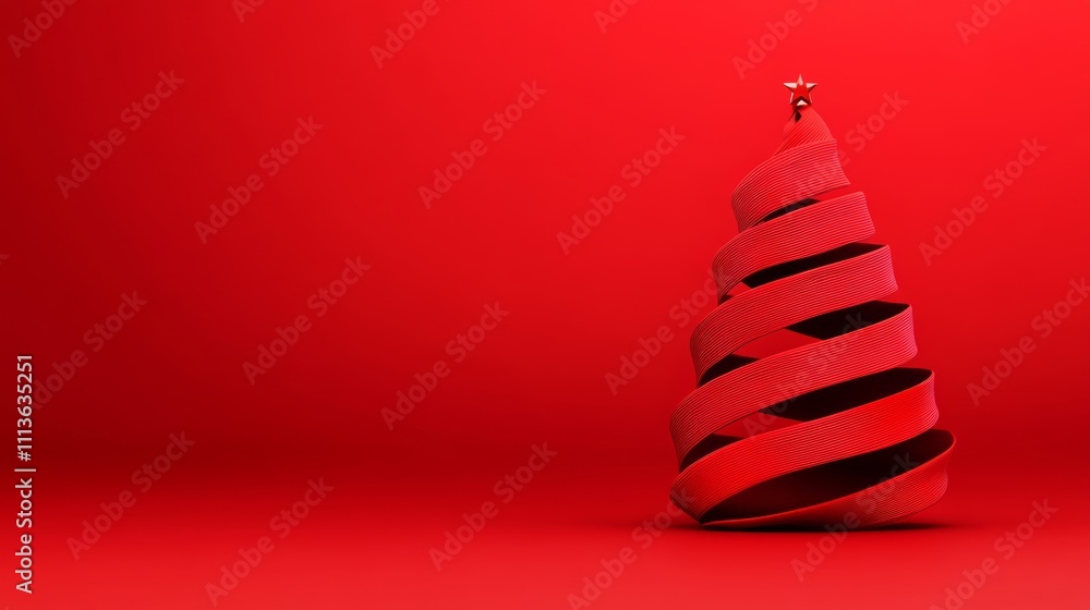 Poster red christmas tree with a star on top. the tree is made of ribbon and is placed on a red background
