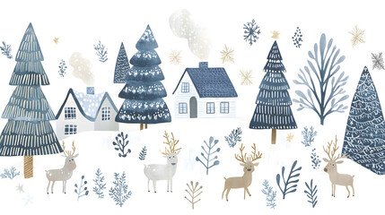 Winter Wonderland Scene with Reindeer and Cozy Cottages