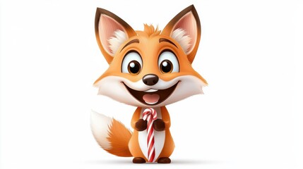 Obraz premium Cute Cartoon Fox Mascot Holding Candy Cane in Playful Pose in Winter Forest Scene