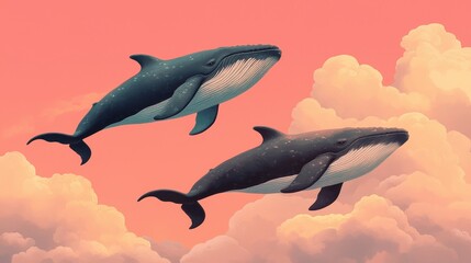 Two Whales Swimming Gracefully Through Colorful Cloudy Sky