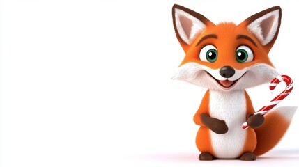 Obraz premium Cute Cartoon Fox Character Standing and Holding a Candy Cane in a Festive Winter Scene