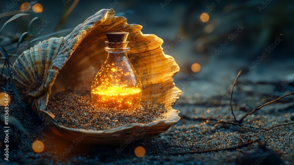 Poster a magical glass bottle glows inside an open shell, surrounded by sparkles in a serene underwater set