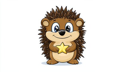 Fototapeta premium Cute Cartoon Hedgehog Holding a Shiny Star on White Background