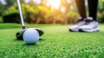 Fototapeta premium Close-up of golfer's feet and golf club poised over ball on green.