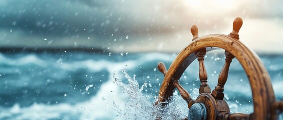 A ship's wheel amidst turbulent ocean waves and dramatic skies.