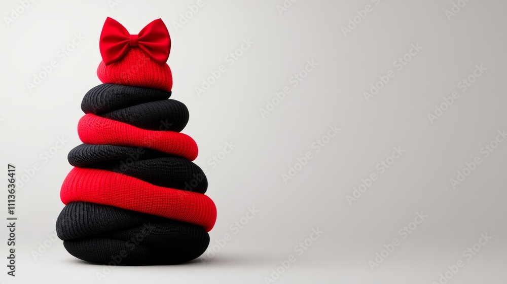 Poster red and black knitted bowtie is on top of a stack of knitted items. the bowtie is the tallest item i