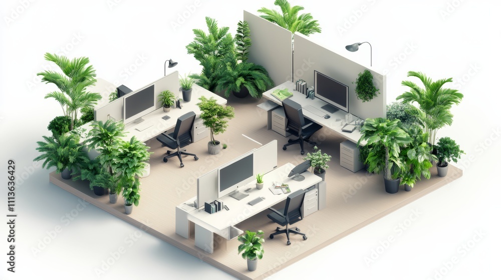 Poster a modern office workspace featuring two desks surrounded by lush greenery and plants, creating a ref