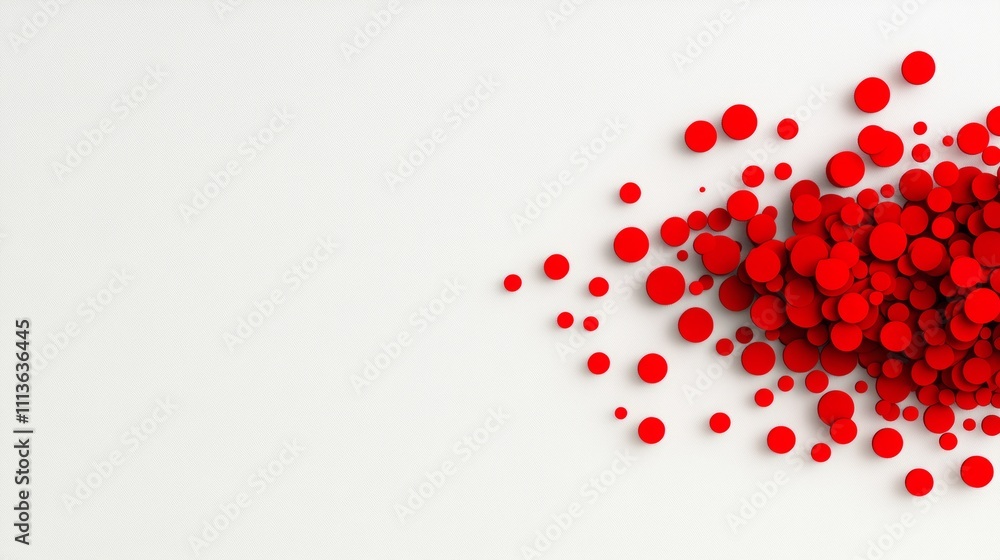 Poster white background with red dots scattered all over it. the red dots are arranged in a way that they f