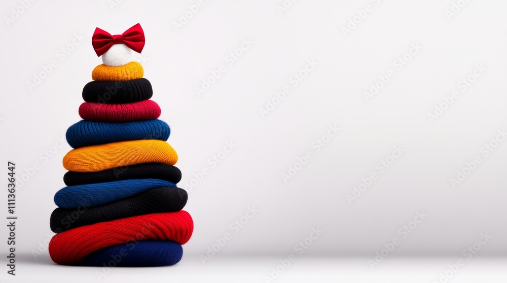 Poster stack of knit hats is piled on top of each other to form a christmas tree. the hats are of different