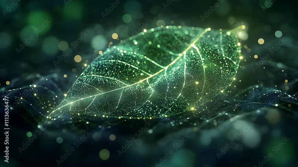 Aufkleber a glowing leaf surrounded by shimmering particles, symbolizing nature and technology.