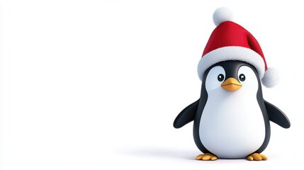 Fototapeta premium Cute Cartoon Penguin in Red Santa Hat for Christmas and New Year