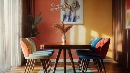 An upscale retro dining room featuring a walnut dining table