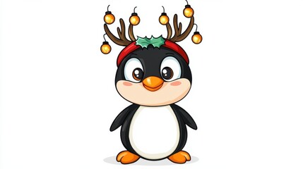 Fototapeta premium Festive Penguin Wearing Antler Headband with Christmas Ornaments
