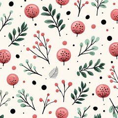 Seamless Lingonberry and Leaf Pattern in Nordic Style