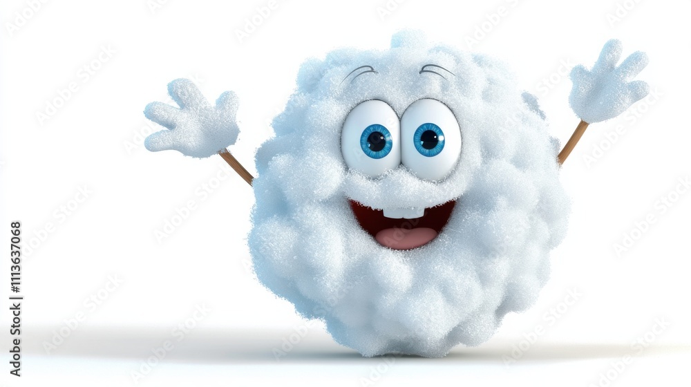Poster Cute and Playful Fluffy Cloud Character with Smiling Expression Floating in Studio Background