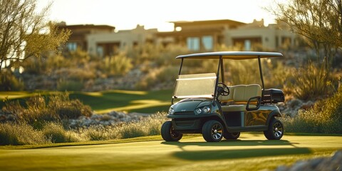 Golf cart parked on a lush green course during golden hour. A perfect blend of nature and luxury. Ideal for golfers and enthusiasts. Enjoy the scenic beauty of the sport. AI