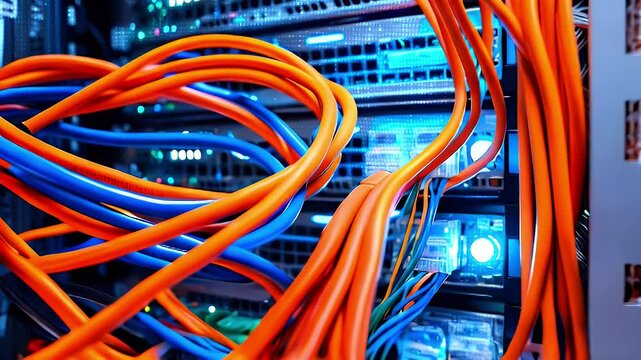A close-up of colorful network cables connected to server equipment in a data center.