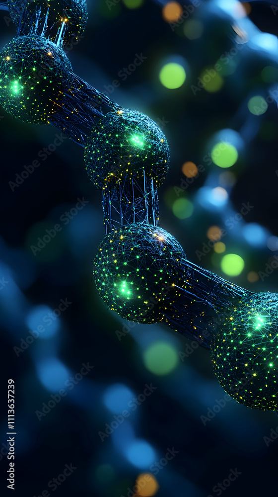 Poster Abstract representation of molecular structures with glowing particles in a dark background.
