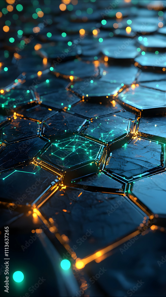 Poster A close-up view of glowing hexagonal patterns on a dark surface, suggesting a futuristic design.