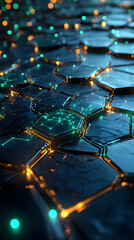 Fototapeta premium A close-up view of glowing hexagonal patterns on a dark surface, suggesting a futuristic design.