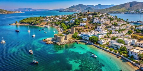 Aerial view of the coastal town Bodrum, Turkey with turquoise waters and white-washed buildings , Bodrum