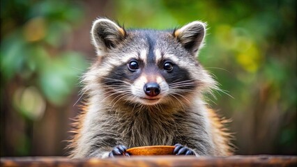 Fototapeta premium A racoon with a pleading expression looking for food, raccoon, begging, cute, wildlife, scavenger, adorable, expression, foraging