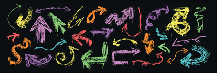 Hand drawn rough arrows different shapes. Color bold brush stroke spiral, curly, wave and straight arrow vector set. Spray paint graffiti direction graphic design elements with drips in grunge style