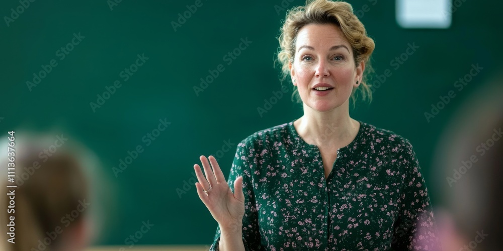 Poster a smiling teacher engages students in a classroom setting, encouraging interaction and learning in f